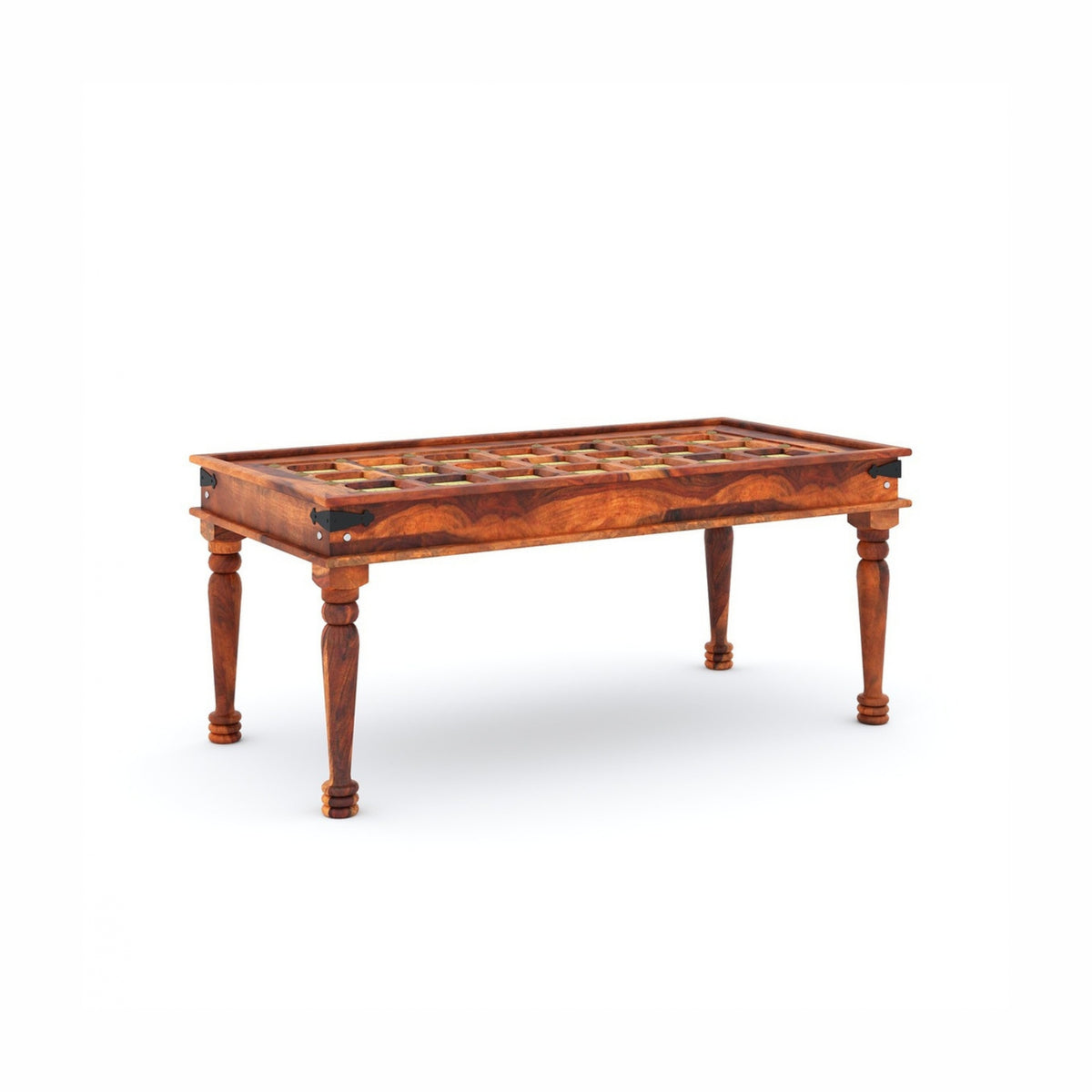 Wooden table with a checkered surface on a white background