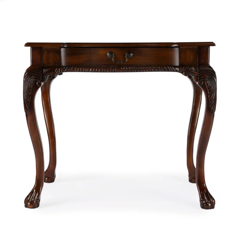 Wooden table with curved legs on a white background