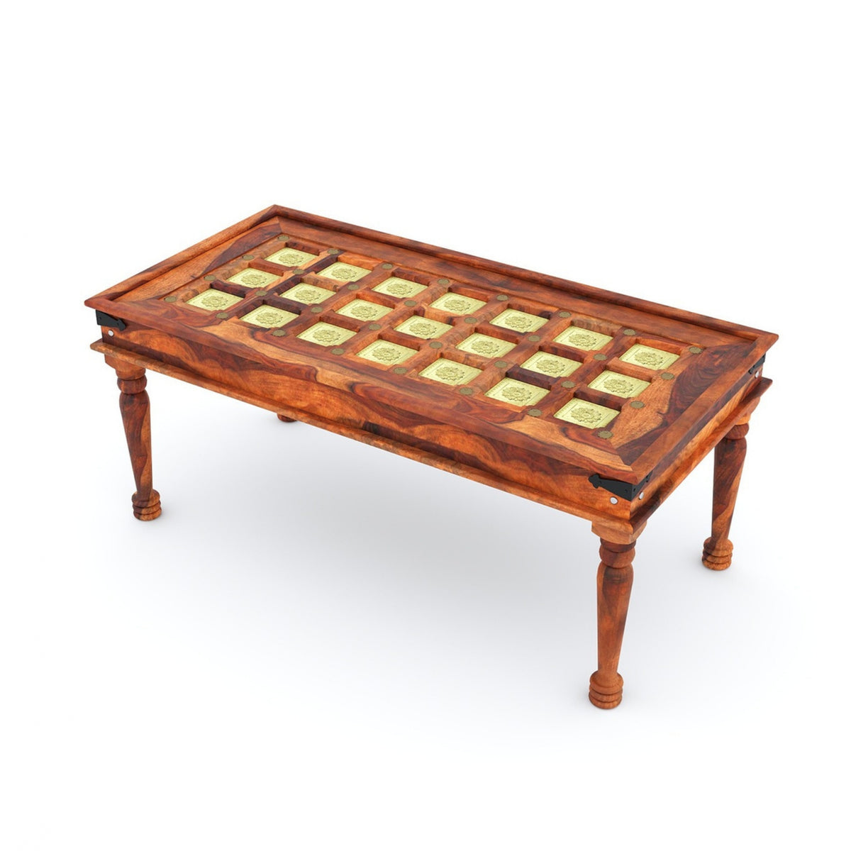 Wooden table with decorative inlay on a white background