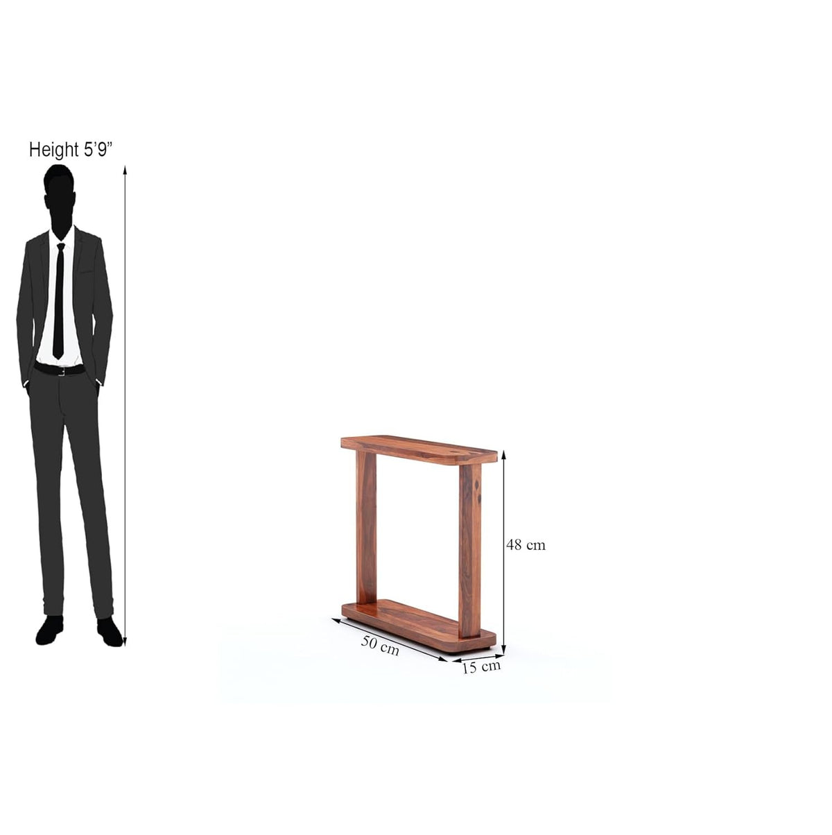 Wooden table with dimensions shown relative to a 5'9" person
