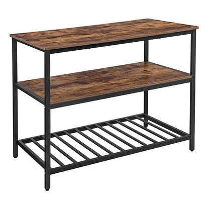 Wooden table with metal frame and shelves on a white background