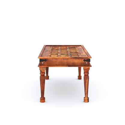 Wooden table with slatted top on a white background