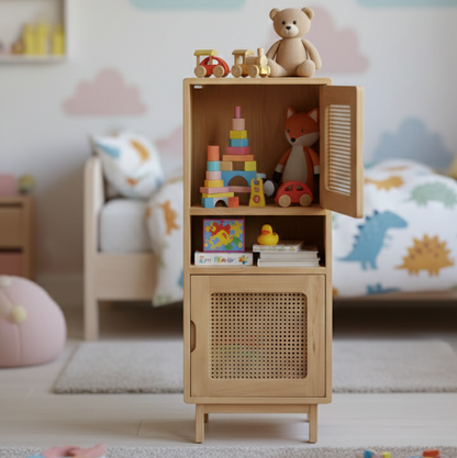 Wooden toy cabinet with toys on a shelf in a child's room
