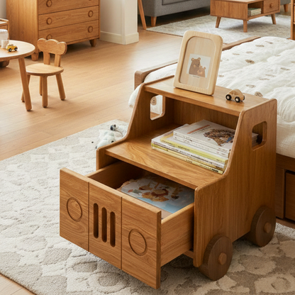 Wooden toy truck with books and toys on a carpeted floor