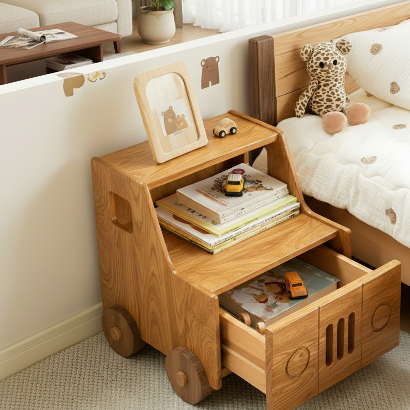 Wooden toy truck bed with books and toys inside, next to a bed with a teddy bear.