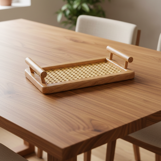 Wooden tray with woven surface on a wooden table