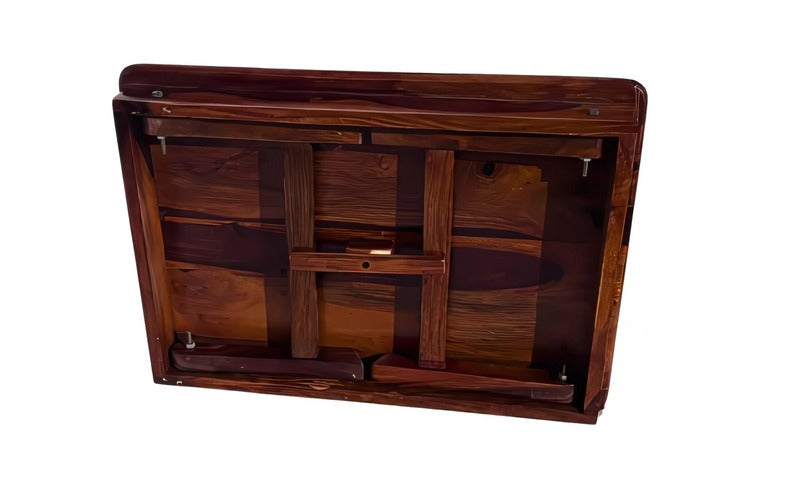 Wooden wall-mounted cabinet with multiple compartments on a white background