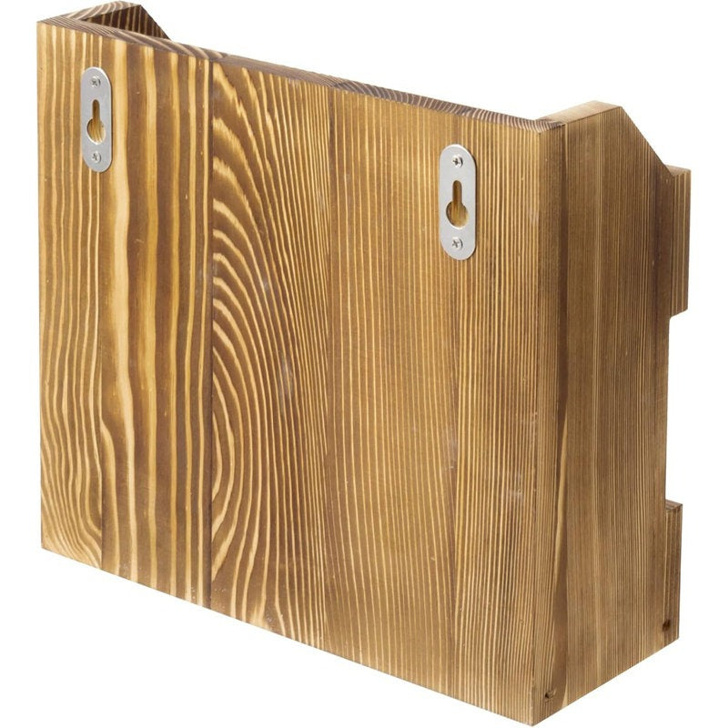 Wooden wall-mounted file holder with metal hooks on a white background