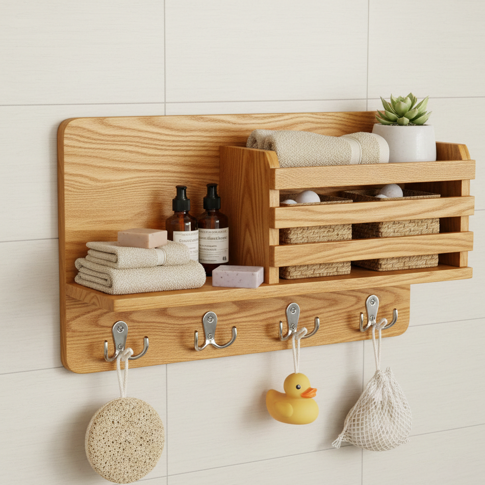 Wooden wall-mounted organizer with shelves and hooks on a tiled wall.