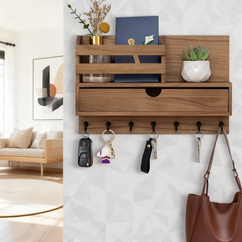 Wooden wall-mounted organizer with shelves, hooks, and decorative items in a living room setting.