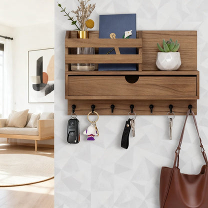 Wooden wall-mounted organizer with shelves, hooks, and decorative items in a living room setting.