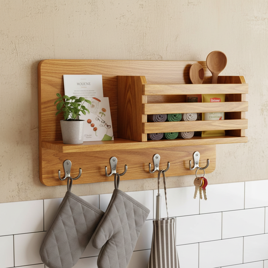 Wooden wall-mounted rack with shelves and hooks in a kitchen setting