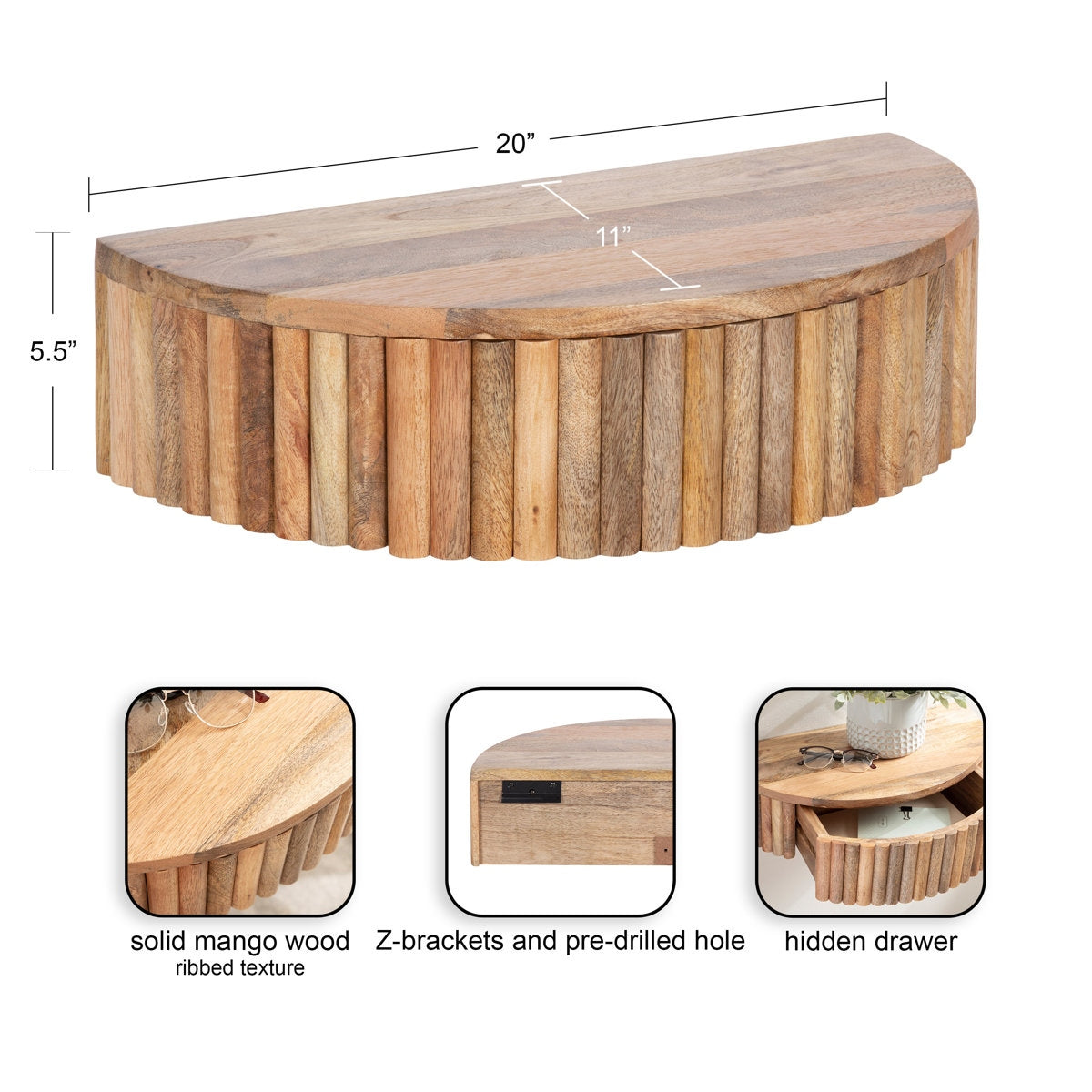 Wooden wall-mounted shelf with dimensions and features on a white background
