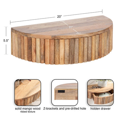 Wooden wall-mounted shelf with dimensions and features on a white background