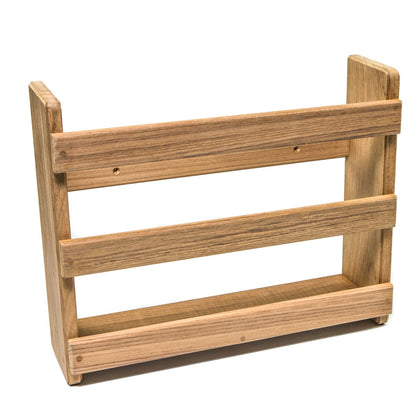 Wooden wall-mounted shelf with three tiers on a white background