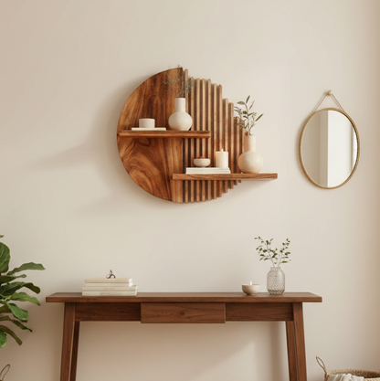 Wooden wall shelf and console table against a beige wall with decorative items.