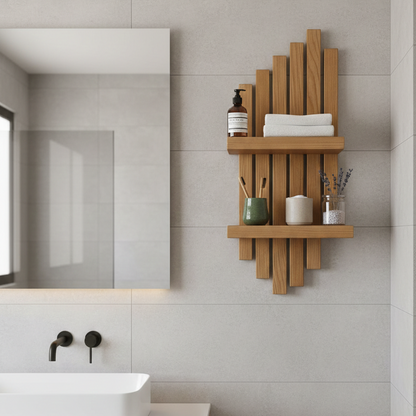 Wooden wall shelf in a bathroom with various items on it.