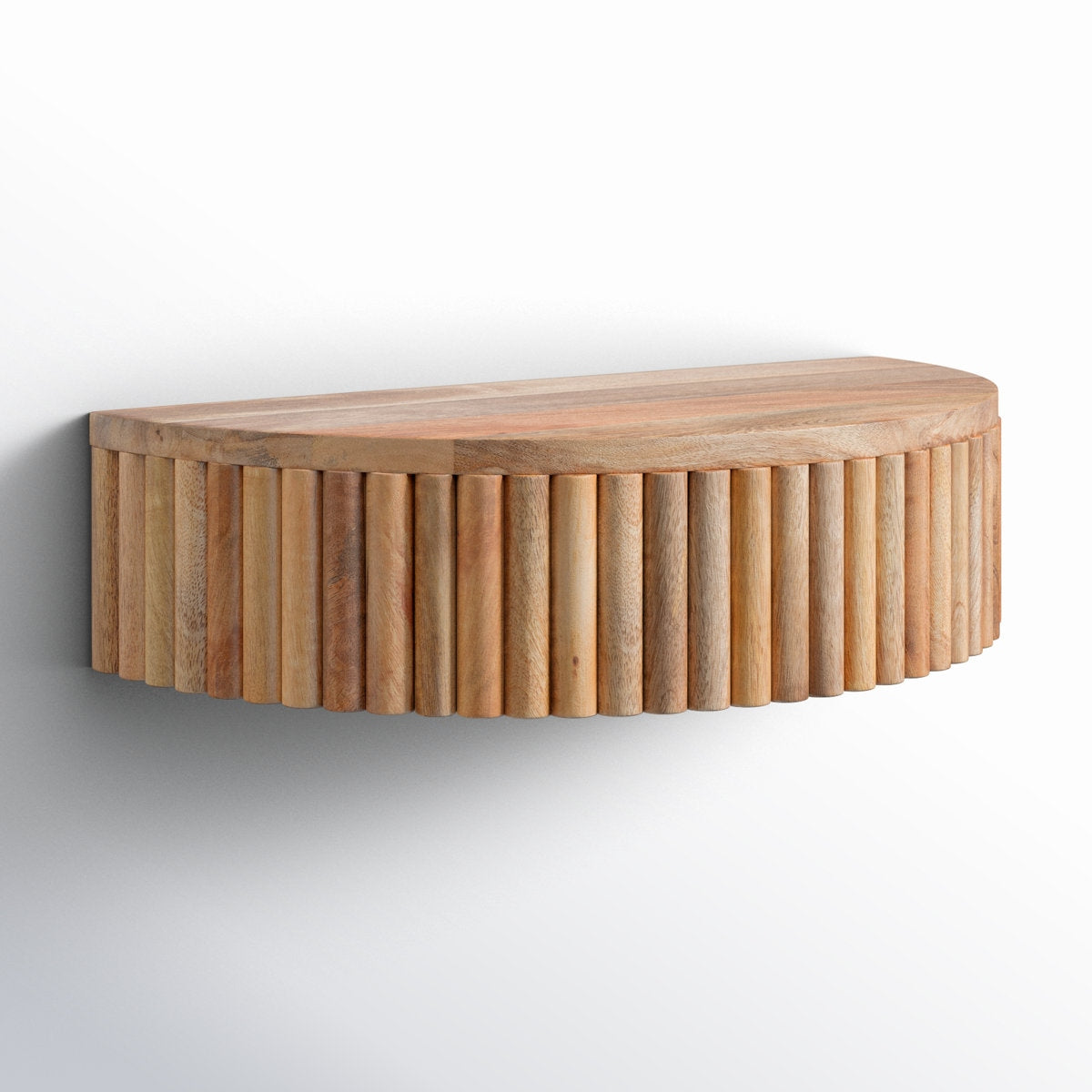 Wooden wall shelf with a ribbed design on a white background