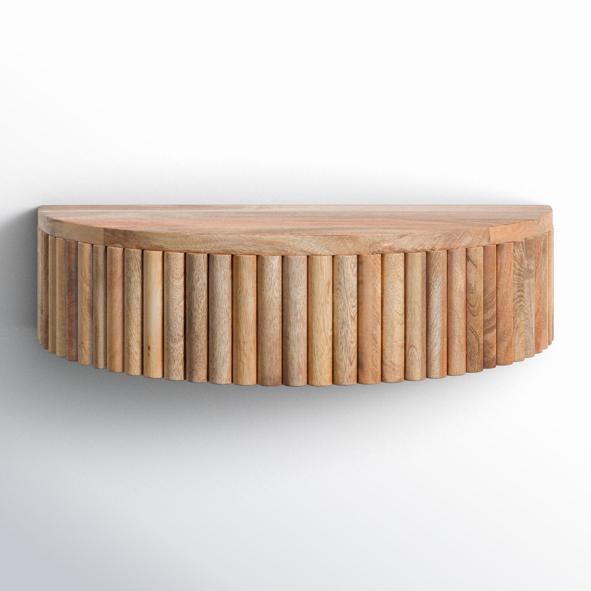 Wooden wall shelf with a slatted design on a white background