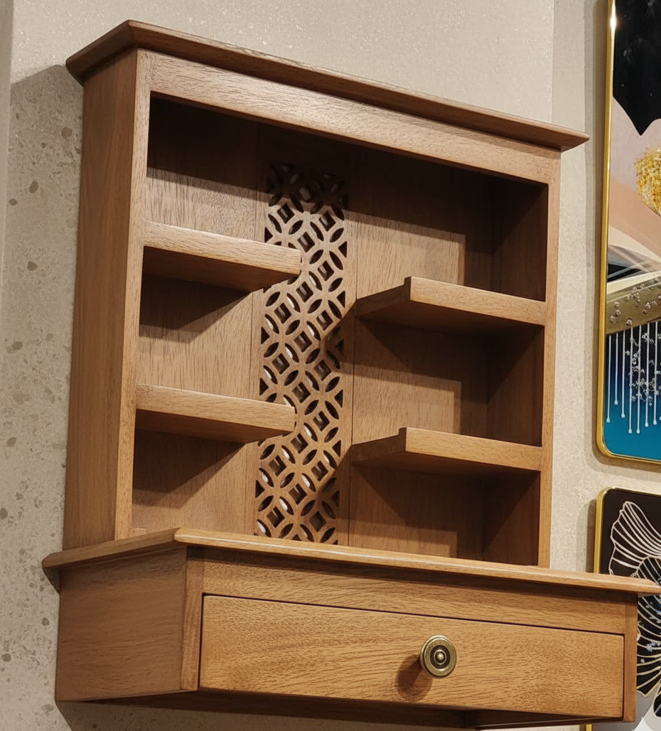 Wooden wall shelf with decorative cutout and drawer on a textured wall.
