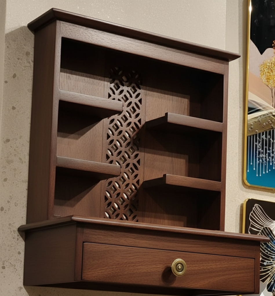 Wooden wall shelf with decorative design and drawer on a neutral background