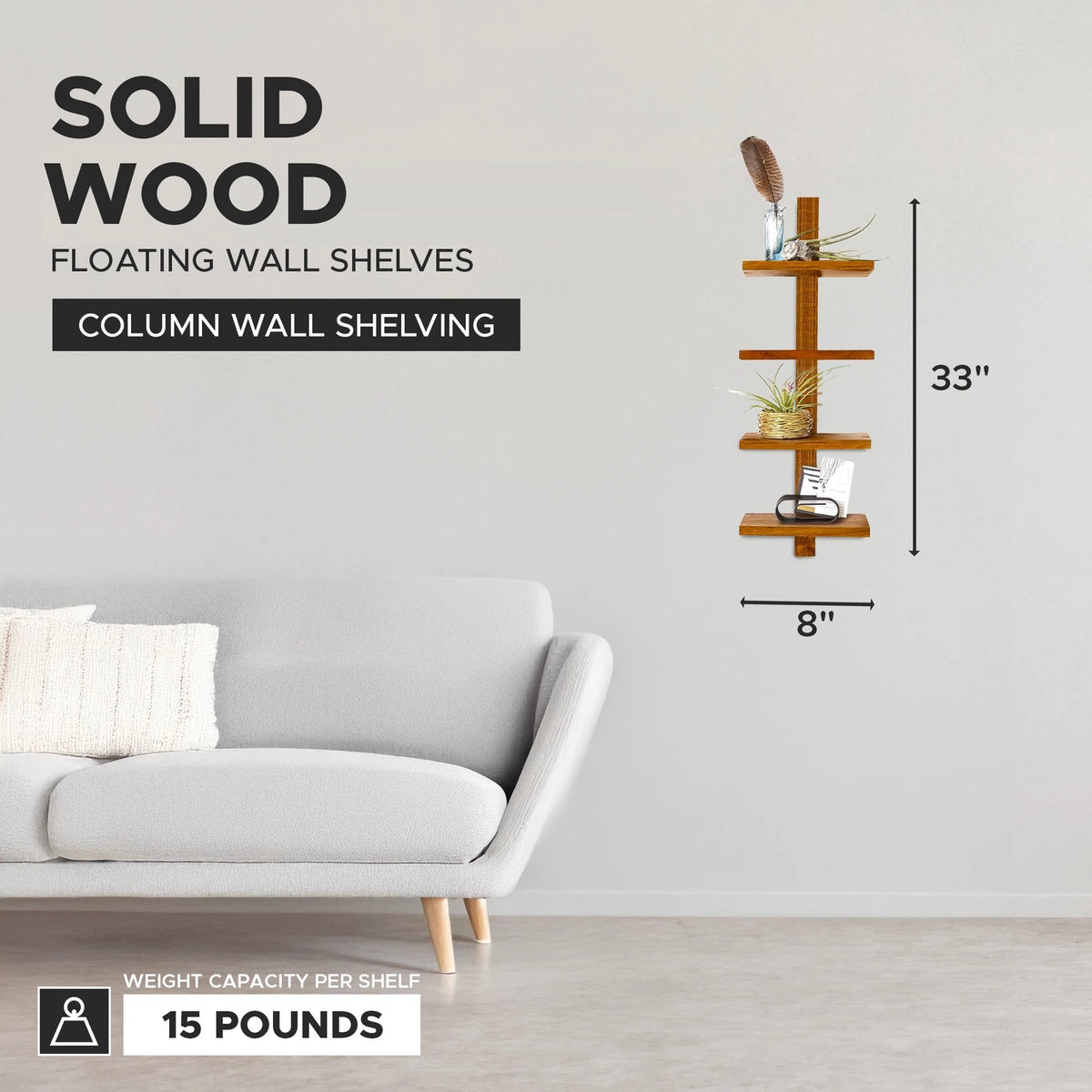 Wooden wall shelf with dimensions and weight capacity displayed in a living room setting.