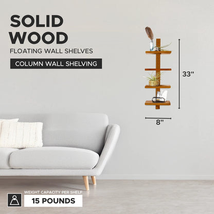 Wooden wall shelf with dimensions and weight capacity displayed in a living room setting.