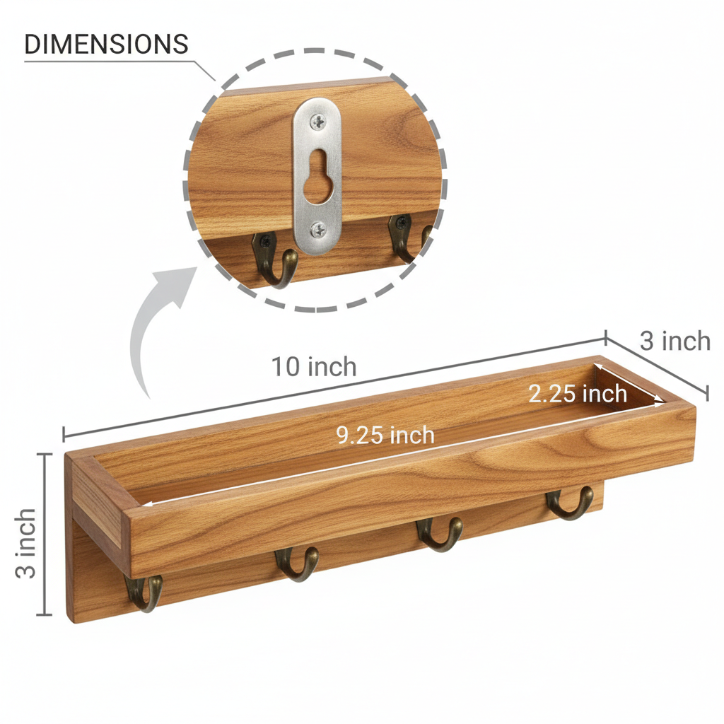 Wooden wall shelf with dimensions labeled on a white background