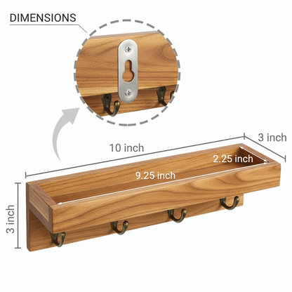 Wooden wall shelf with dimensions labeled on a white background