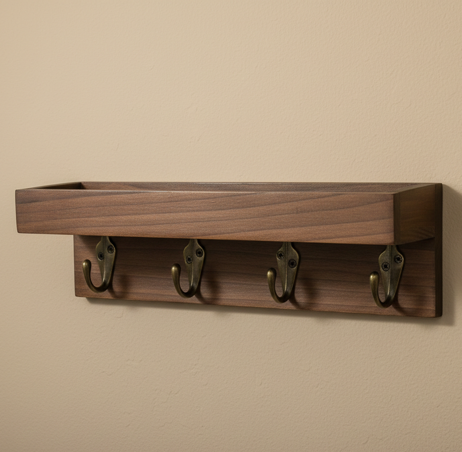 Wooden wall shelf with four hooks on a beige wall