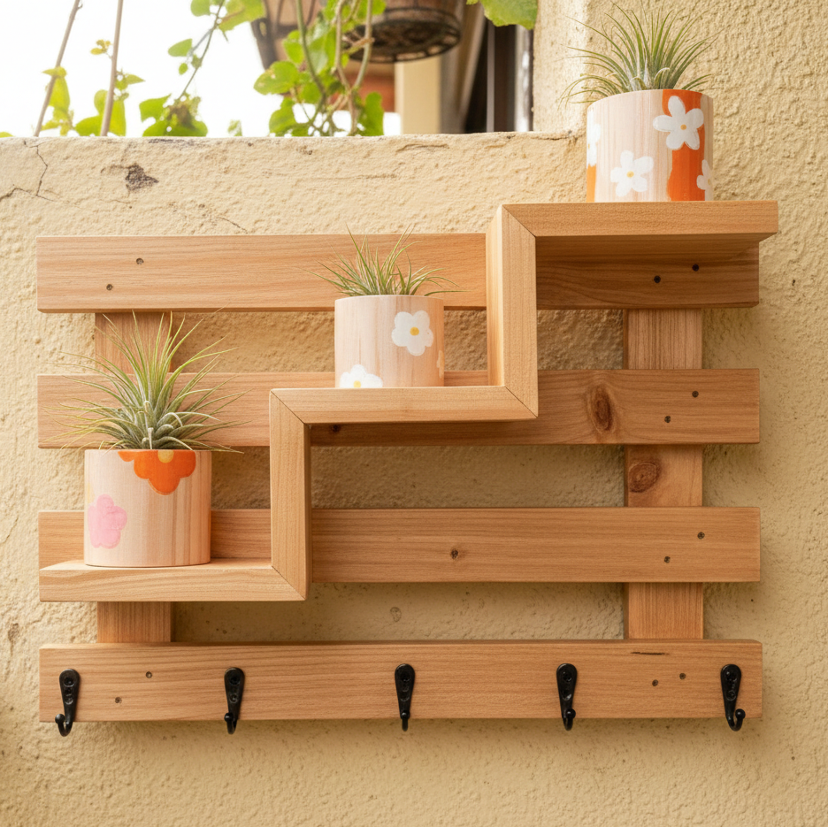 Wooden wall shelf with plants and hooks on a textured wall