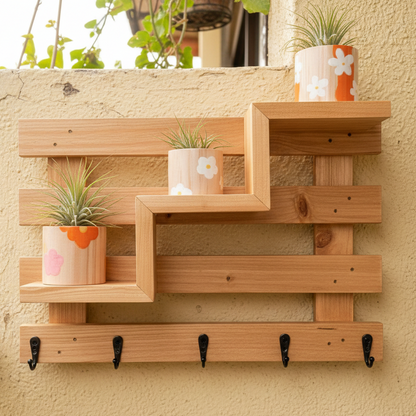 Wooden wall shelf with plants and hooks on a textured wall