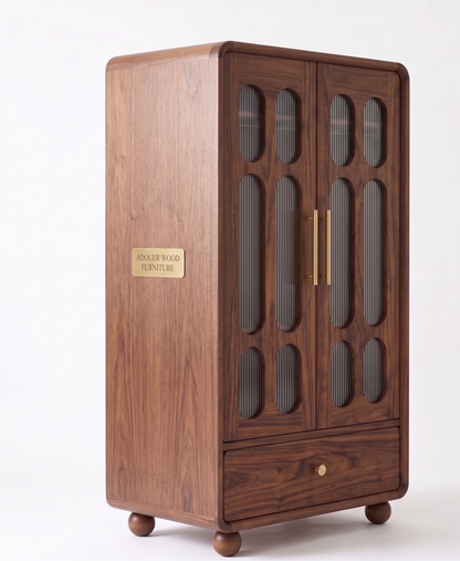 Wooden wardrobe with glass panels and a gold label on a white background