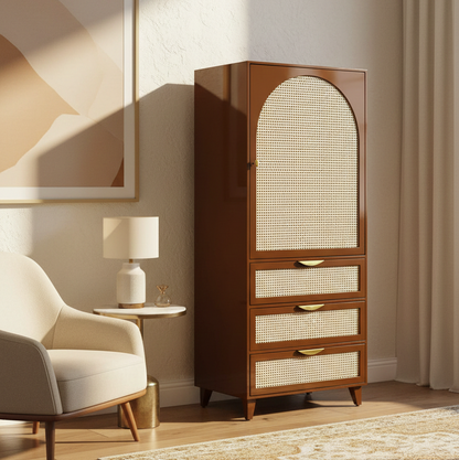 Wooden wardrobe with rattan design in a room with a chair and lamp.
