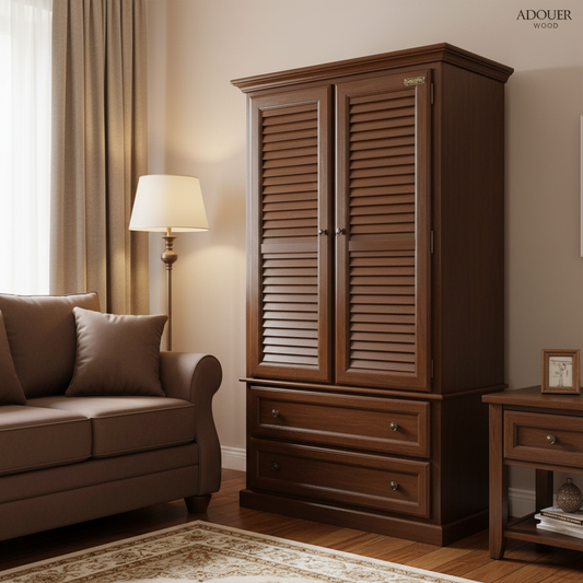 Wooden wardrobe with shutters in a living room setting, featuring a sofa and lamp.