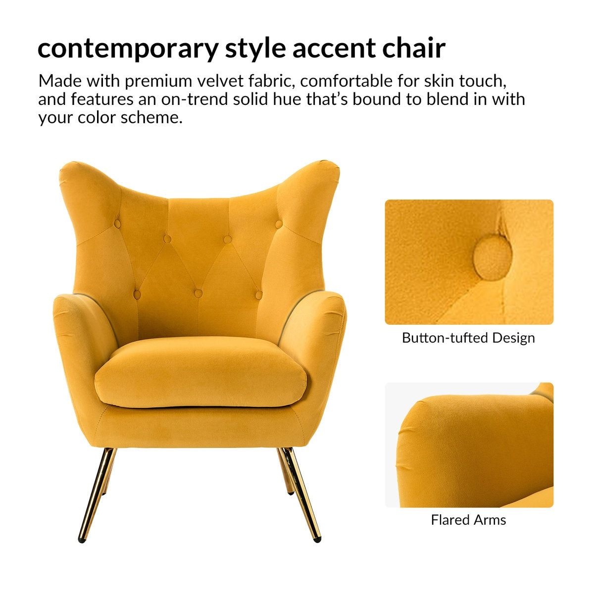 Yellow accent chair with button-tufted design and flared arms on a white background