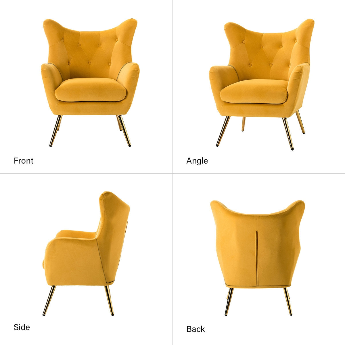 Yellow armchair shown from front, angle, side, and back perspectives on a white background.