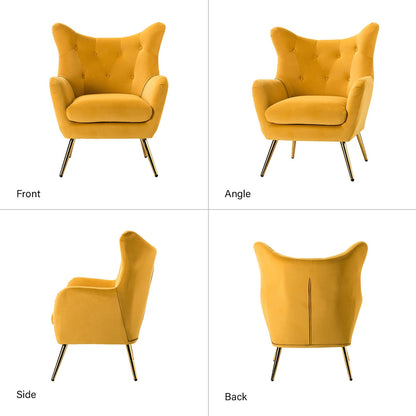 Yellow armchair shown from front, angle, side, and back perspectives on a white background.