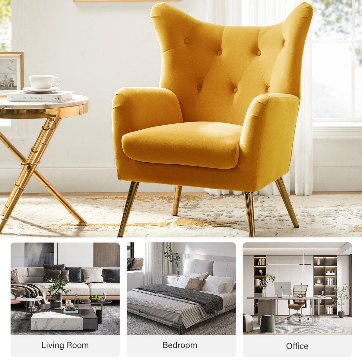 Yellow armchair in a room with a small table, followed by images of a living room, bedroom, and office.