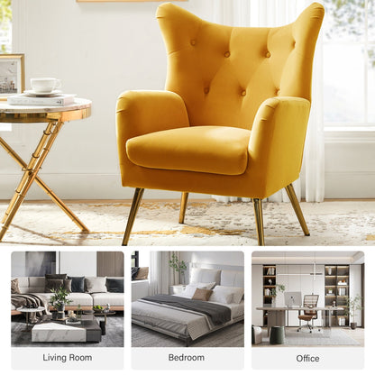 Yellow armchair in a room with a small table, followed by images of a living room, bedroom, and office.