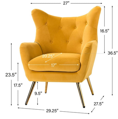 Yellow armchair with dimensions marked on a white background