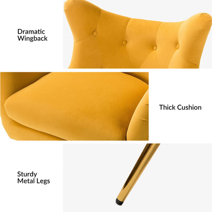 Yellow chair with labeled features on a white background