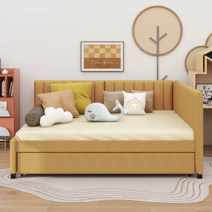 Yellow sofa bed with plush toys in a room setting