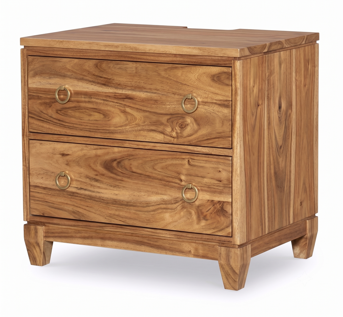 Wooden nightstand with two drawers on a white background
