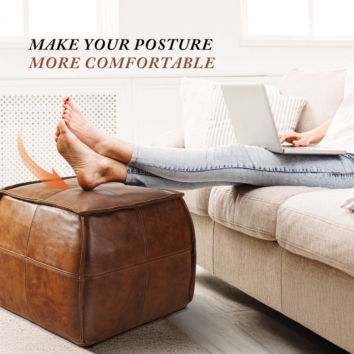 Person using a laptop on a couch with text 'Make your posture more comfortable' above.
