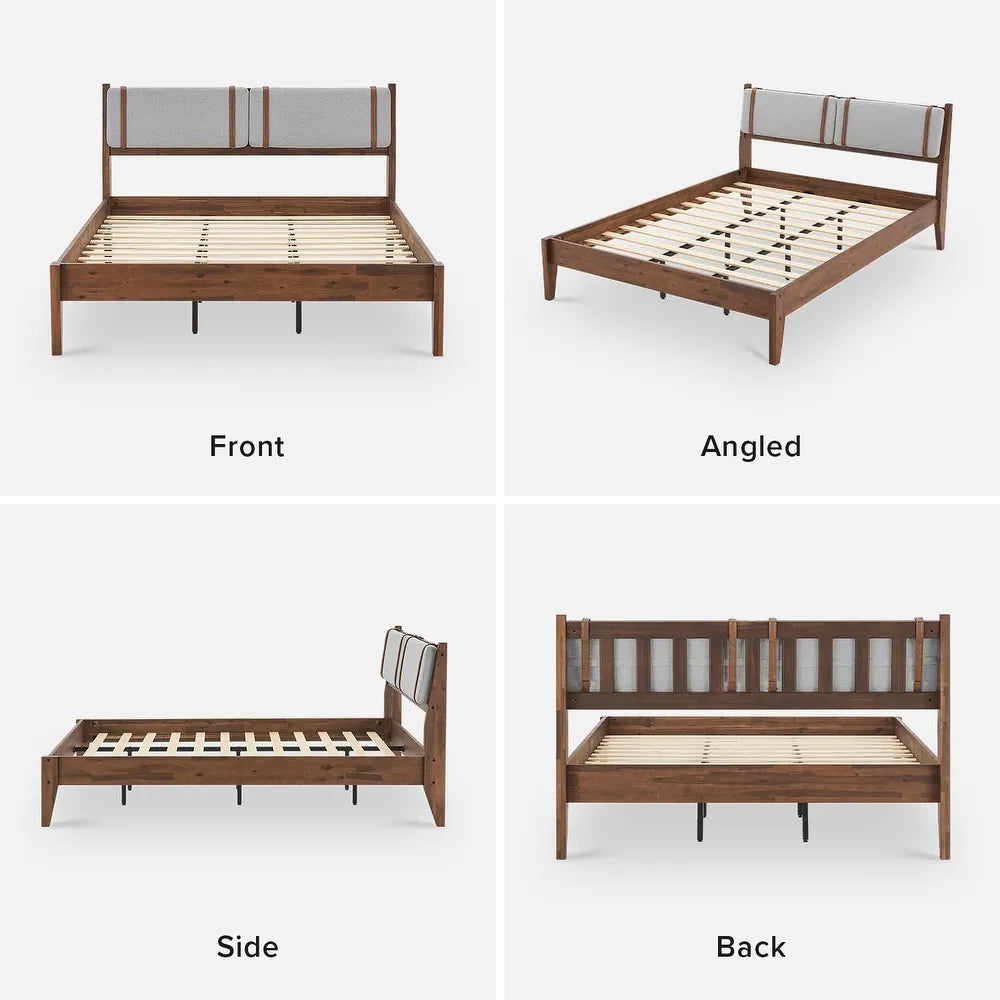 Wooden bed frame shown from multiple angles on a white background