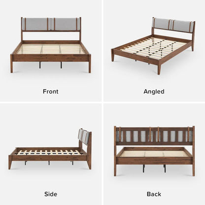 Wooden bed frame shown from multiple angles on a white background