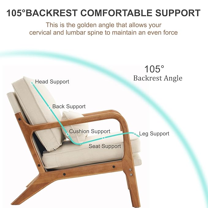Chair with 105-degree backrest angle labeled, emphasizing comfort and support.