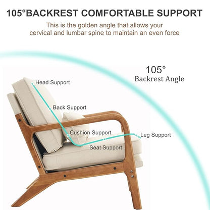 Chair with 105-degree backrest angle labeled, emphasizing comfort and support.