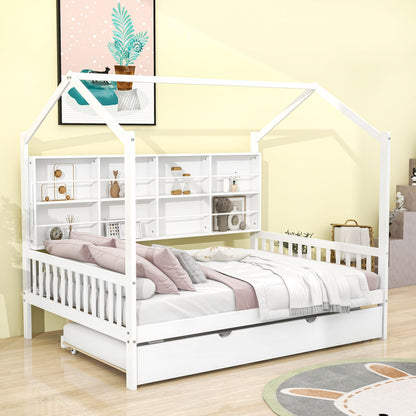 White children's bed with a house-shaped canopy in a room with a yellow wall.